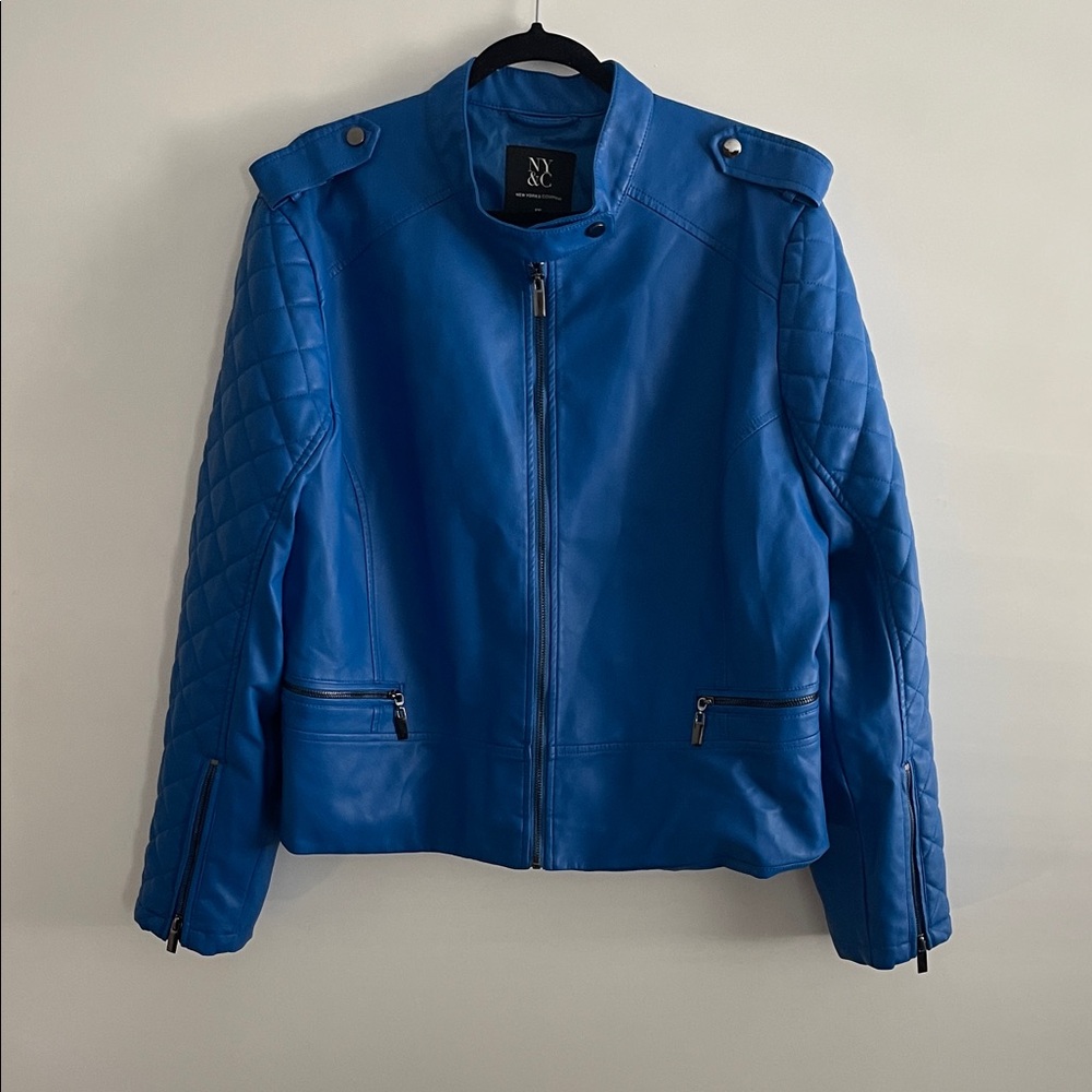 New York & Company Women's Blue Faux Leather Jacket—Size XXL